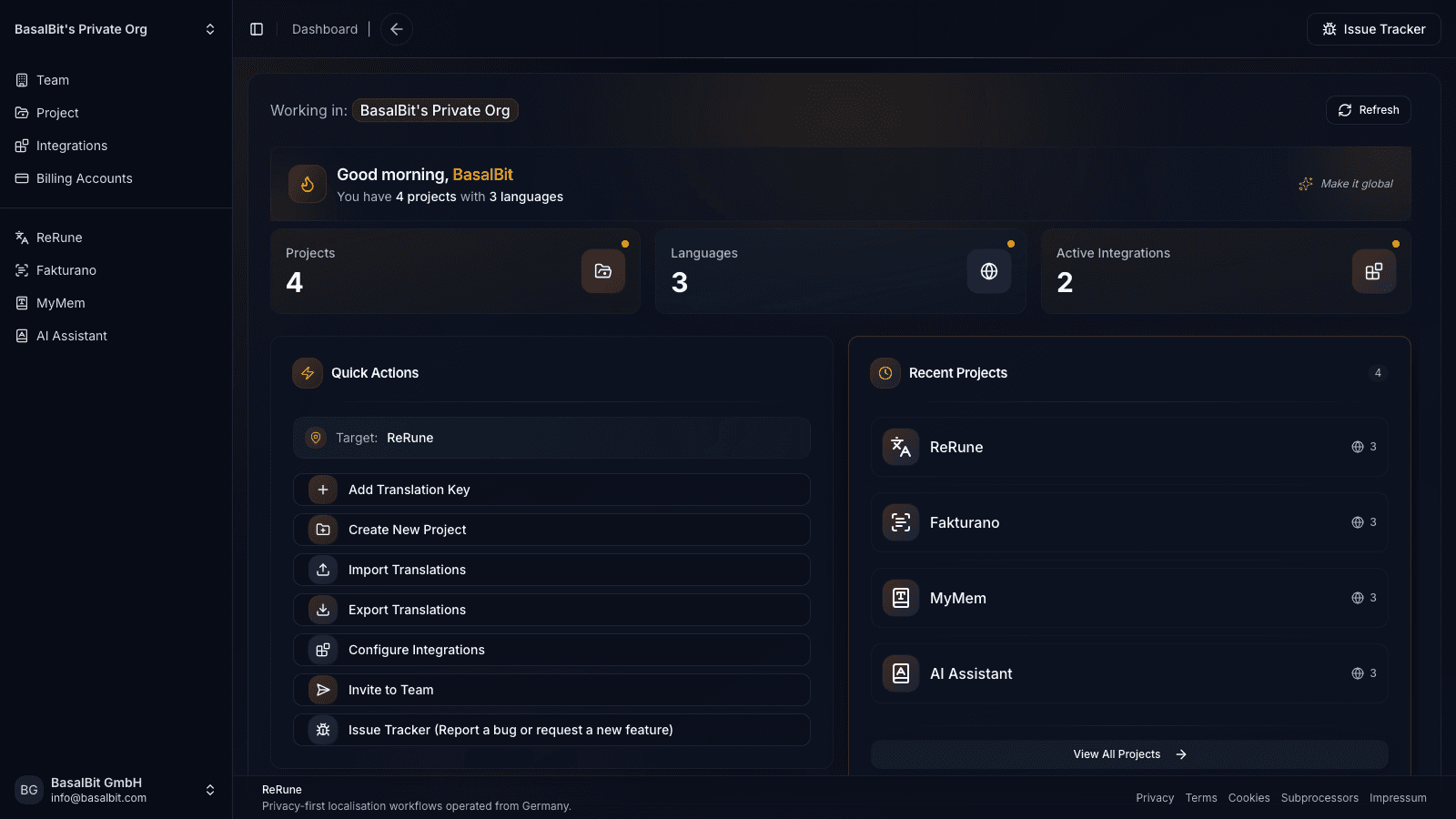ReRune dashboard showing localization workspace activity and project status