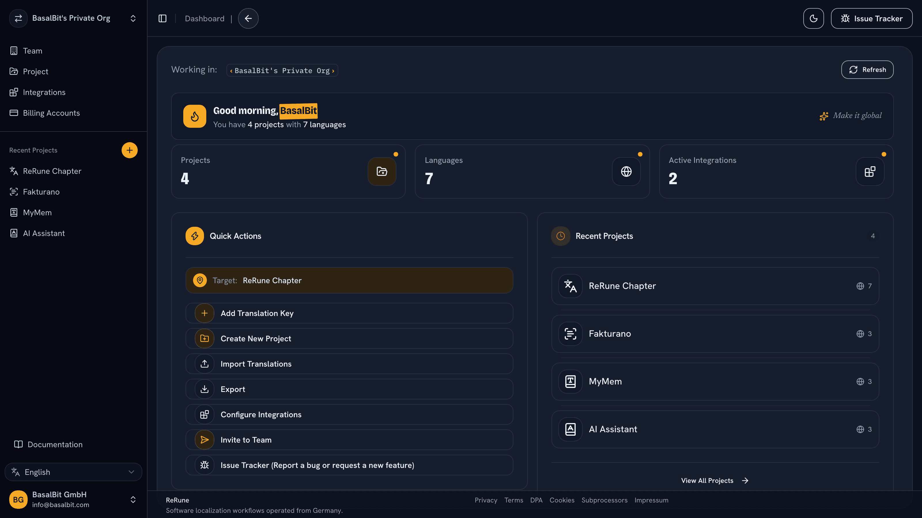 ReRune dashboard showing localization workspace activity and project status
