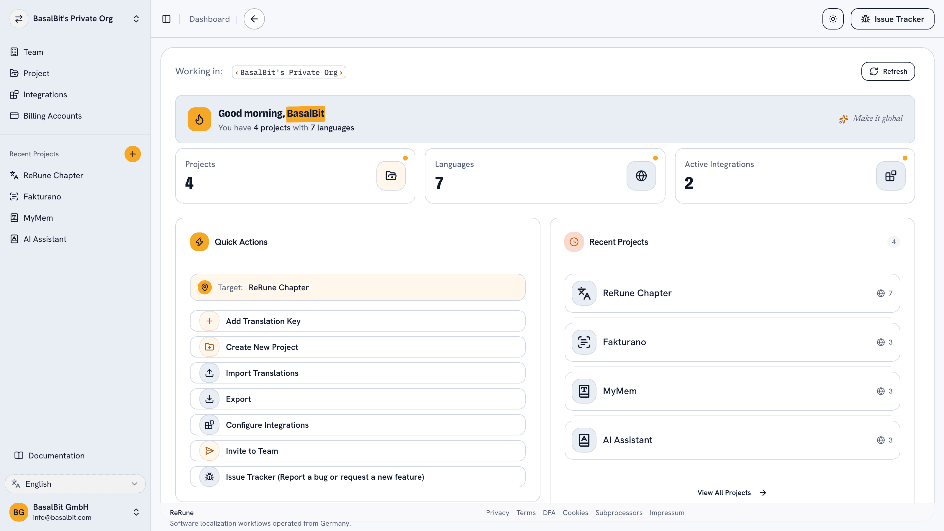 ReRune dashboard showing localization workspace activity and project status