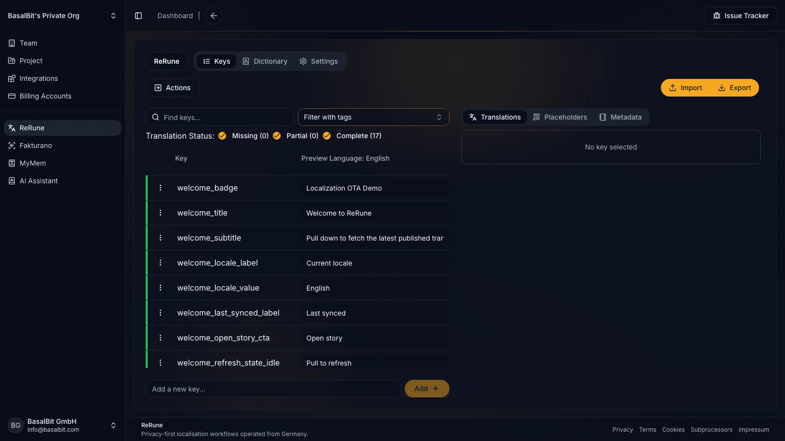 ReRune project keys view for managing software translation keys