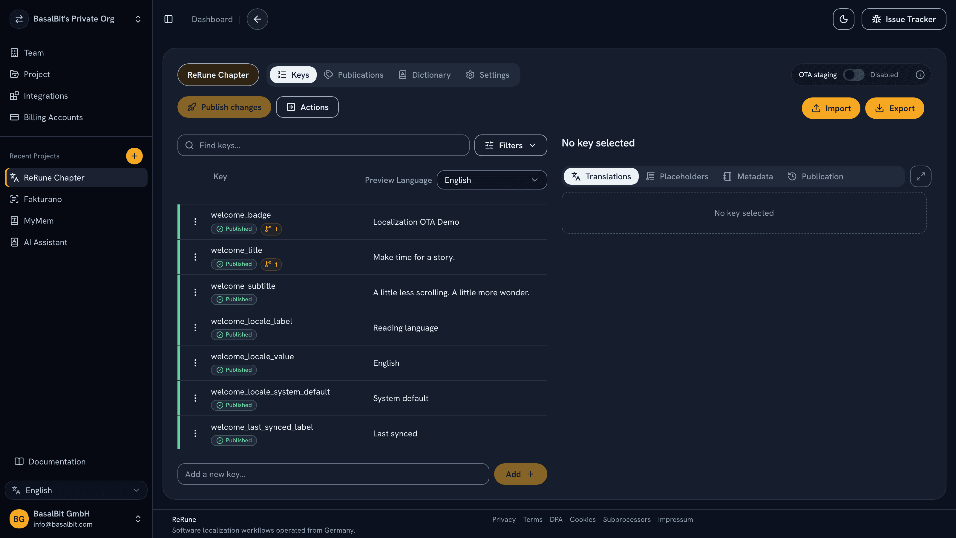 ReRune project keys view for managing software translation keys