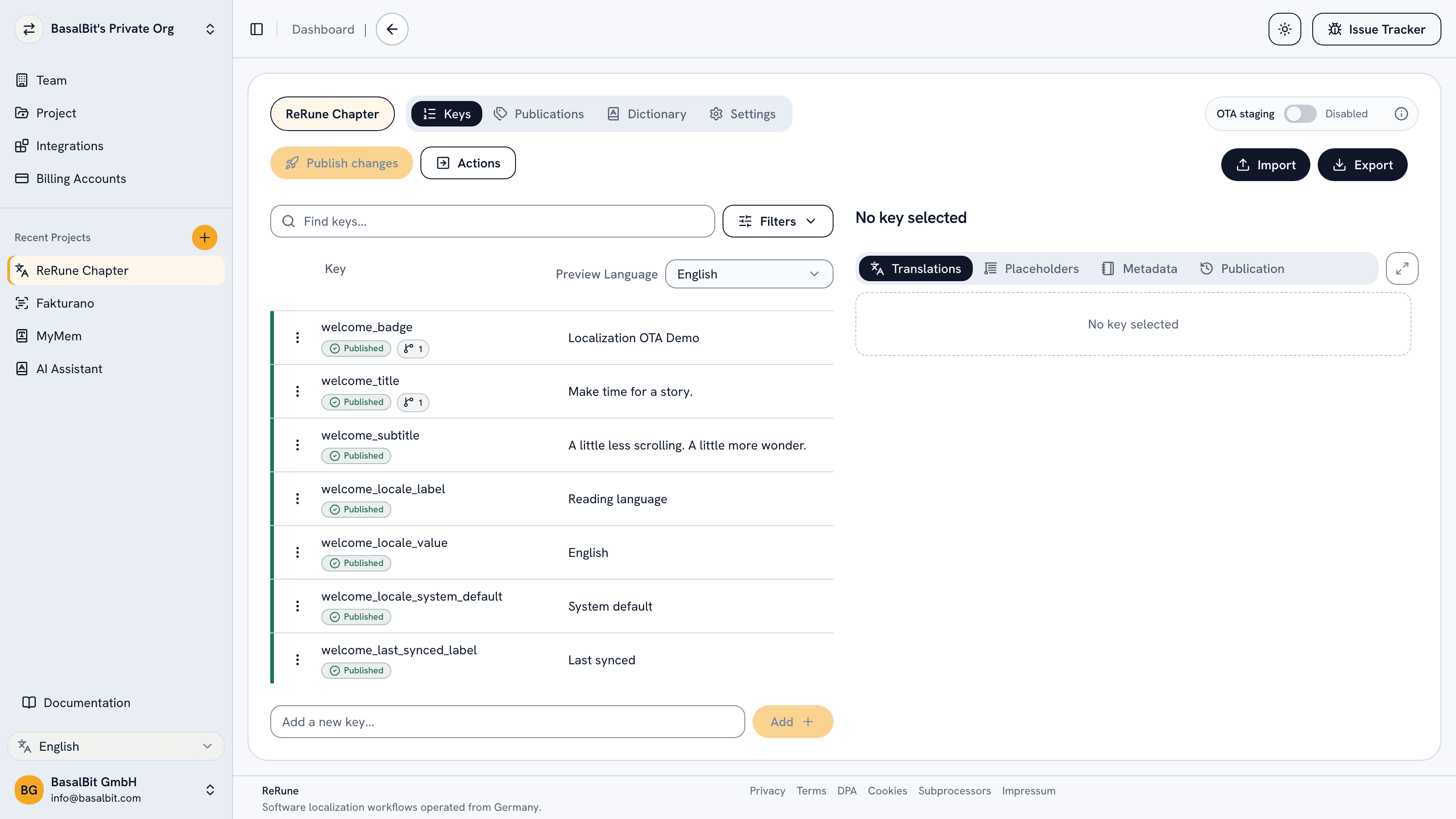 ReRune project keys view for managing software translation keys