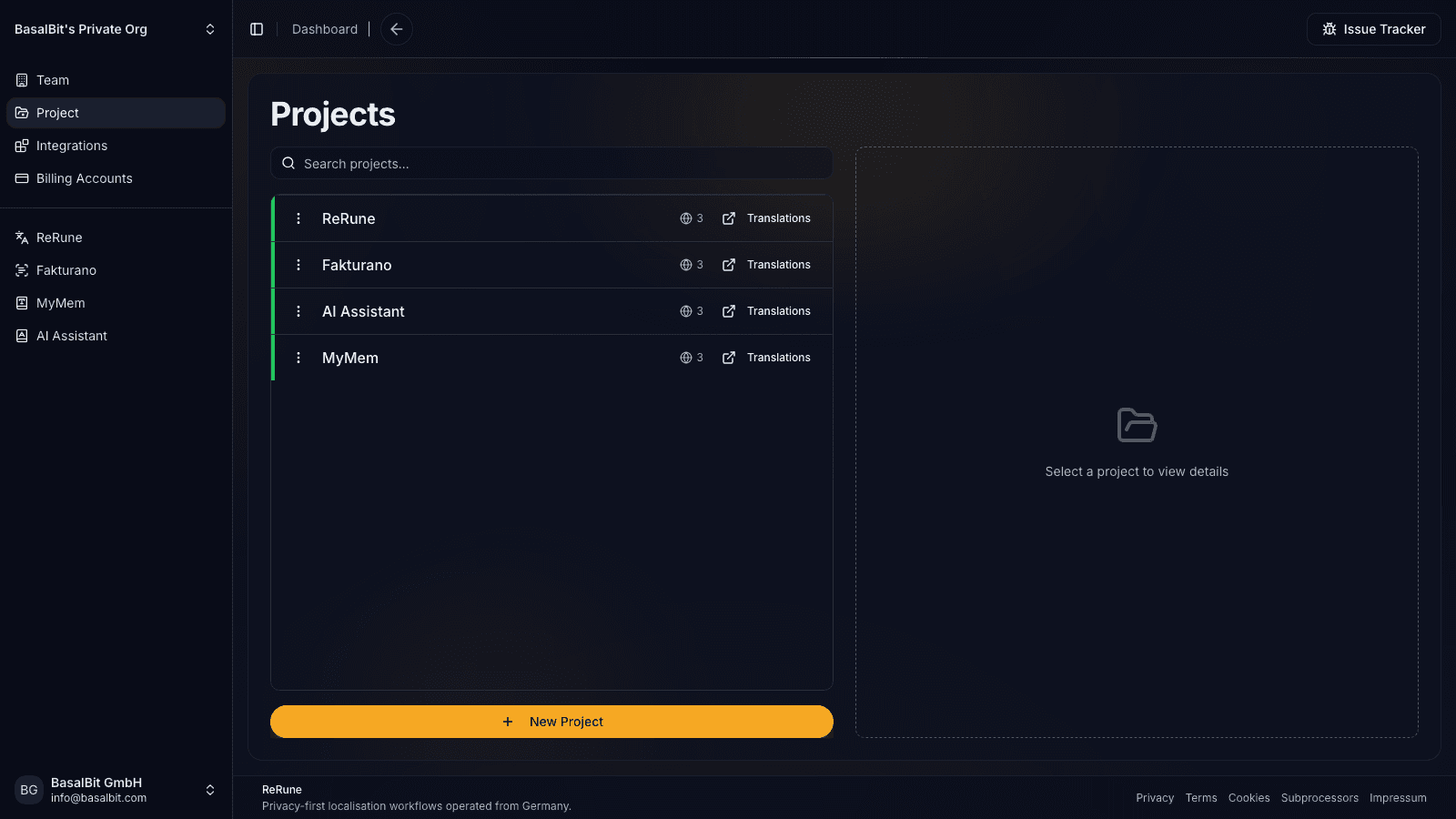 ReRune projects list showing real localization projects in a workspace