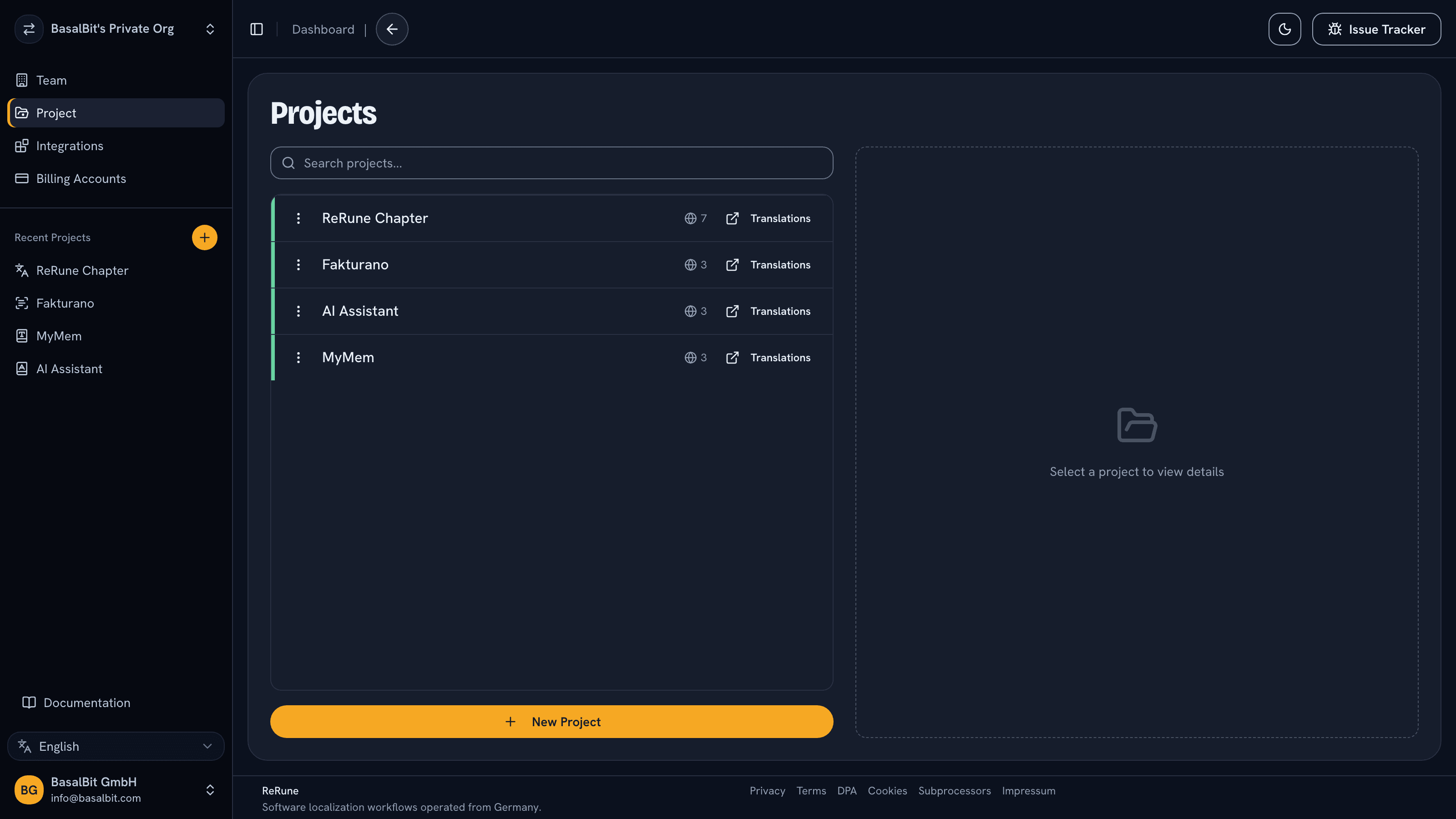 ReRune projects list showing real localization projects in a workspace