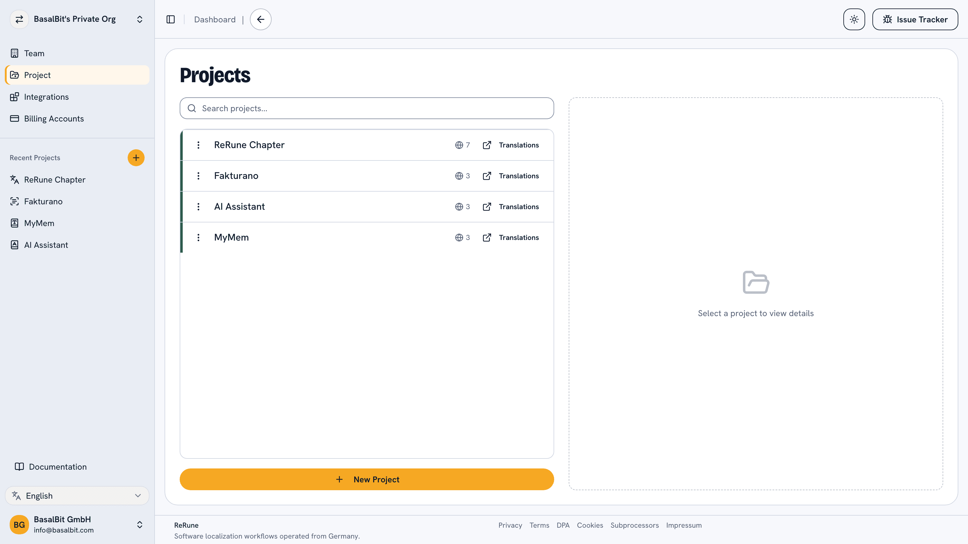 ReRune projects list showing real localization projects in a workspace