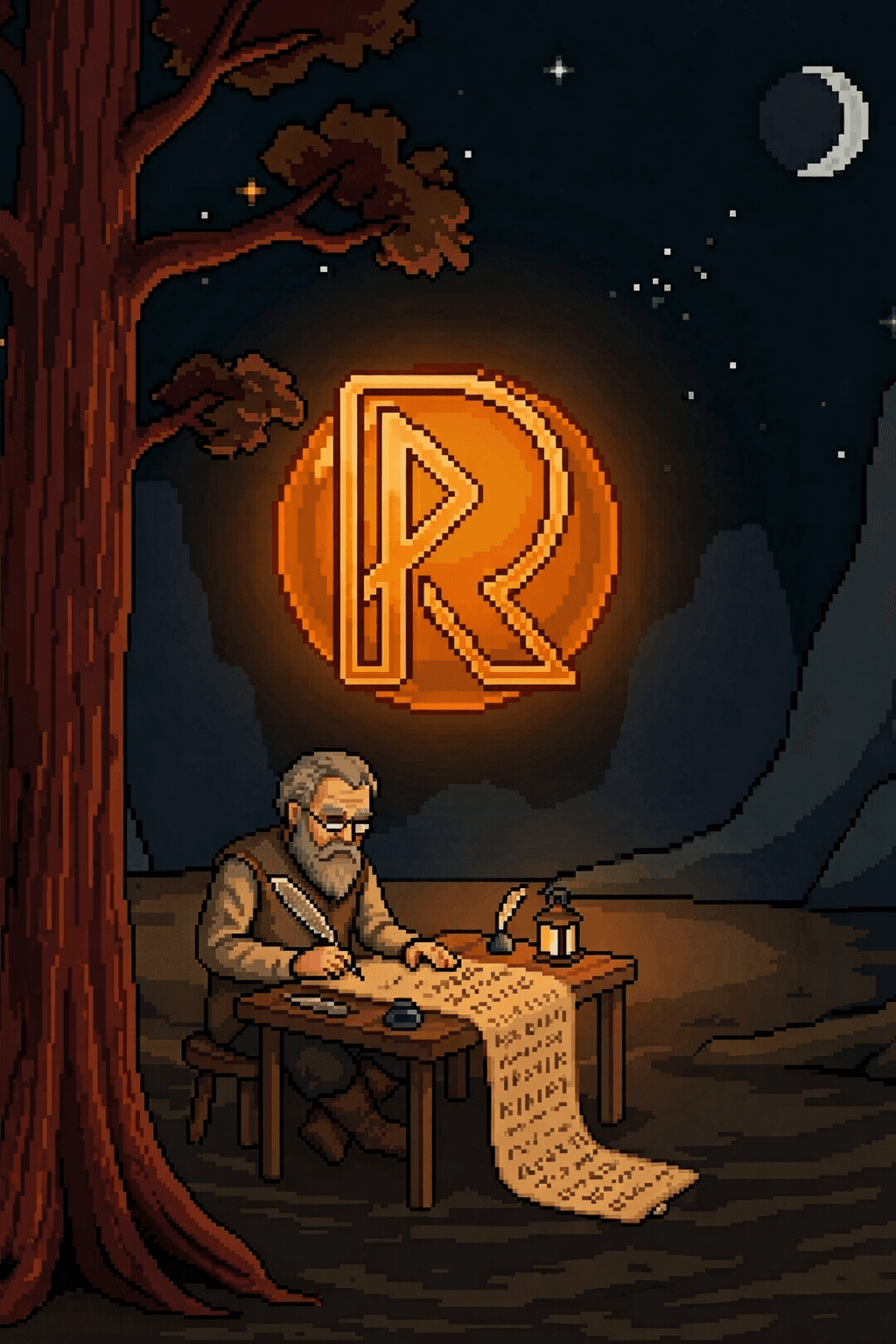 Pixel art writer beside a glowing orb representing decision makers reviewing localization strategy